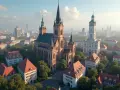 Imponująca katedra i wieża ratuszowa, otoczone kamienicami z czerwonymi dachami, tworzą malowniczy obraz polskiej architektury.