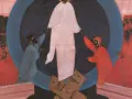 Jerzy Nowosielski najsłynniejsze dzieła: Chrystus w bieli, otoczony przez postaci w niebieskich i czerwonych szatach, na tle kosmicznego kręgu.