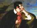Portret młodego mężczyzny w czarnej, futrzanej narzucie i czerwonej chuście, symbolizujący romantyzm w Polsce.