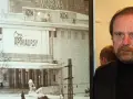 Mężczyzna z brodą obok plakatu kina "Moskwa" z napisem "Czas Apokalipsy".