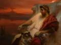 Jan Styka, polski malarz, przedstawił władcę z tygrysem u boku na tle wybuchającego wulkanu.