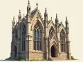 Kamienna budowla z licznymi wieżyczkami i ostrołukowymi oknami, uosabiająca romantyzm architektura.