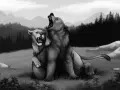 Dwa mityczne stworzenia, lew i niedźwiedź (ursus), walczą na tle gór.