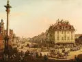Widok Warszawy z kolumną Zygmunta, dzieło Bernardo zwanego Canaletto. Tętniący życiem plac z karocami i ludźmi.
