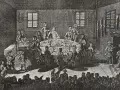 Uczta w sali, symbolizująca kulturę polskiego oświecenia. Ludzie przy stole, muzycy i widzowie tworzą atmosferę epoki.