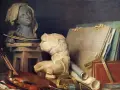 Studium artysty w stylu neoklasycyzm: popiersie, tors, paleta z farbami, pędzle, księgi i przybory kreślarskie.