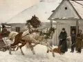 Zimowy dzień, czwórka koni w zaprzęgu pędzi przez śnieg. W tle chata i ludzie.