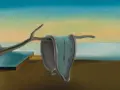 Surrealistyczne malarstwo pejzażowe: miękkie zegary topią się na gałęzi, symbolizując upływ czasu w pustynnym krajobrazie.