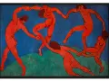 Henri Matisse Taniec: Pięć czerwonych postaci w dynamicznym kręgu, trzymających się za ręce na tle błękitnego nieba i zielonej ziemi.