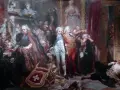 Obraz Matejki: poseł w białym stroju, obok mężczyzna w czerwonym, wskazujący palcem. W tle tłum postaci i portret kobiety.
