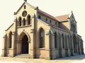 Imponująca budowla sakralna w stylu romańskim, z charakterystycznymi łukami i rozetą nad wejściem.