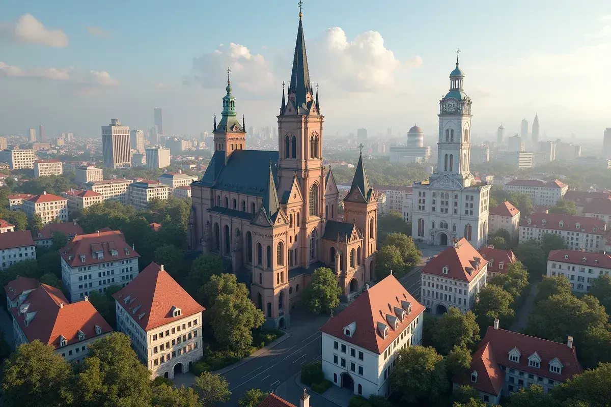 Imponująca katedra i wieża ratuszowa, otoczone kamienicami z czerwonymi dachami, tworzą malowniczy obraz polskiej architektury.