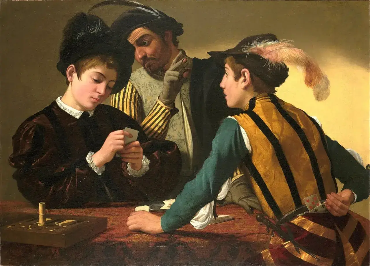 Mistrz Caravaggio uchwycił moment oszustwa przy grze w karty. Młody gracz z kartami w ręku, oszukuje, podczas gdy jego wspólnik obserwuje.