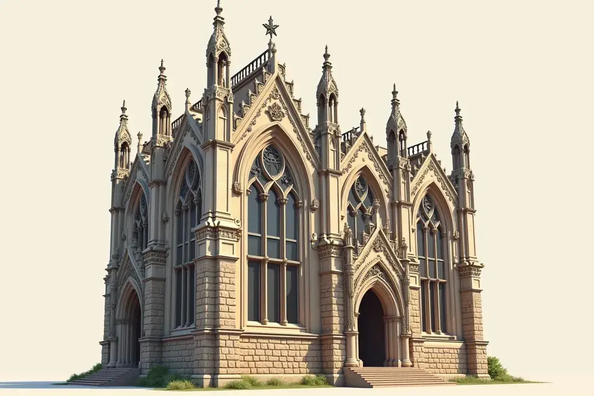 Kamienna budowla z licznymi wieżyczkami i ostrołukowymi oknami, uosabiająca romantyzm architektura.