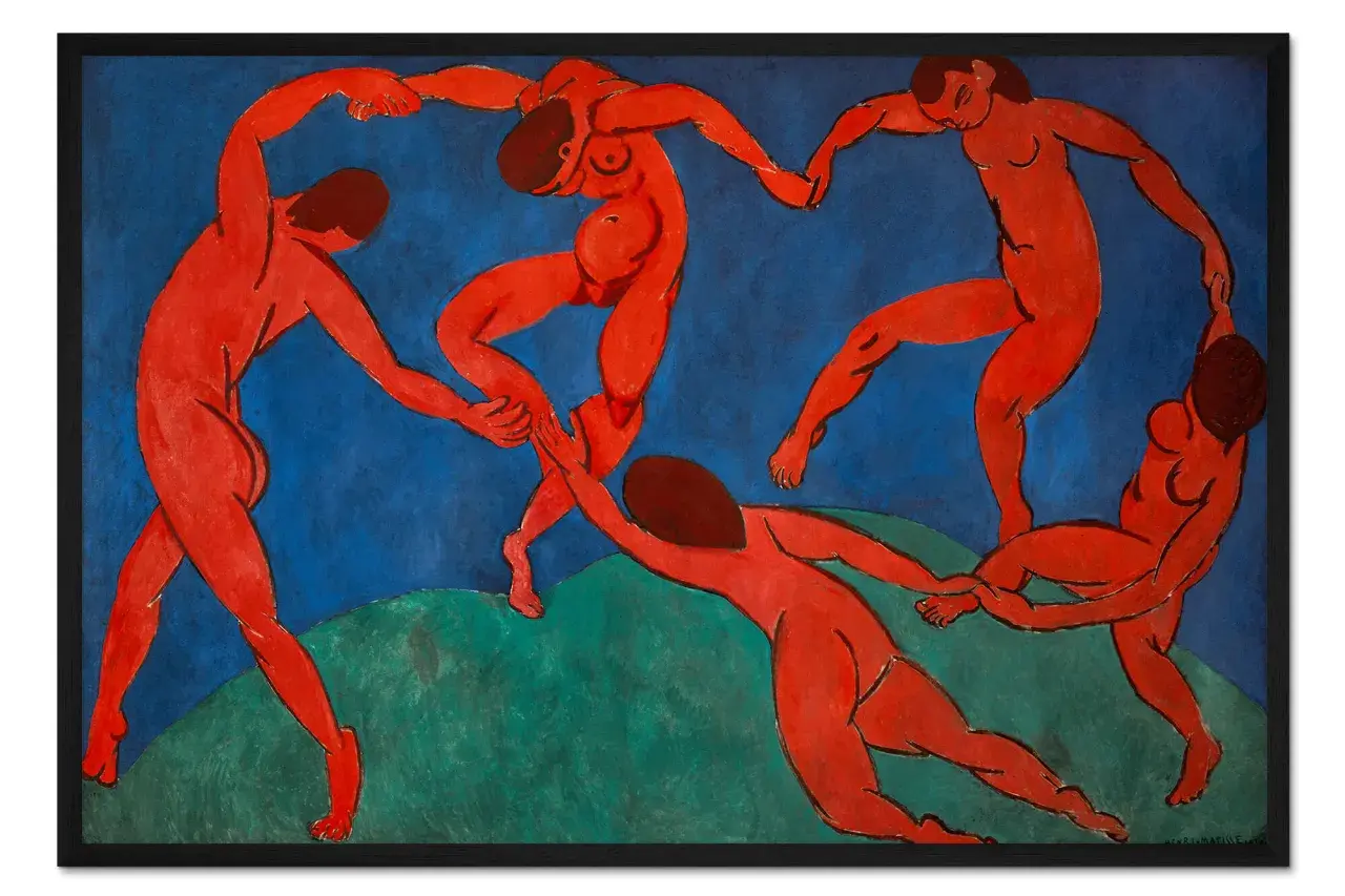 Henri Matisse Taniec: Pięć czerwonych postaci w dynamicznym kręgu, trzymających się za ręce na tle błękitnego nieba i zielonej ziemi.