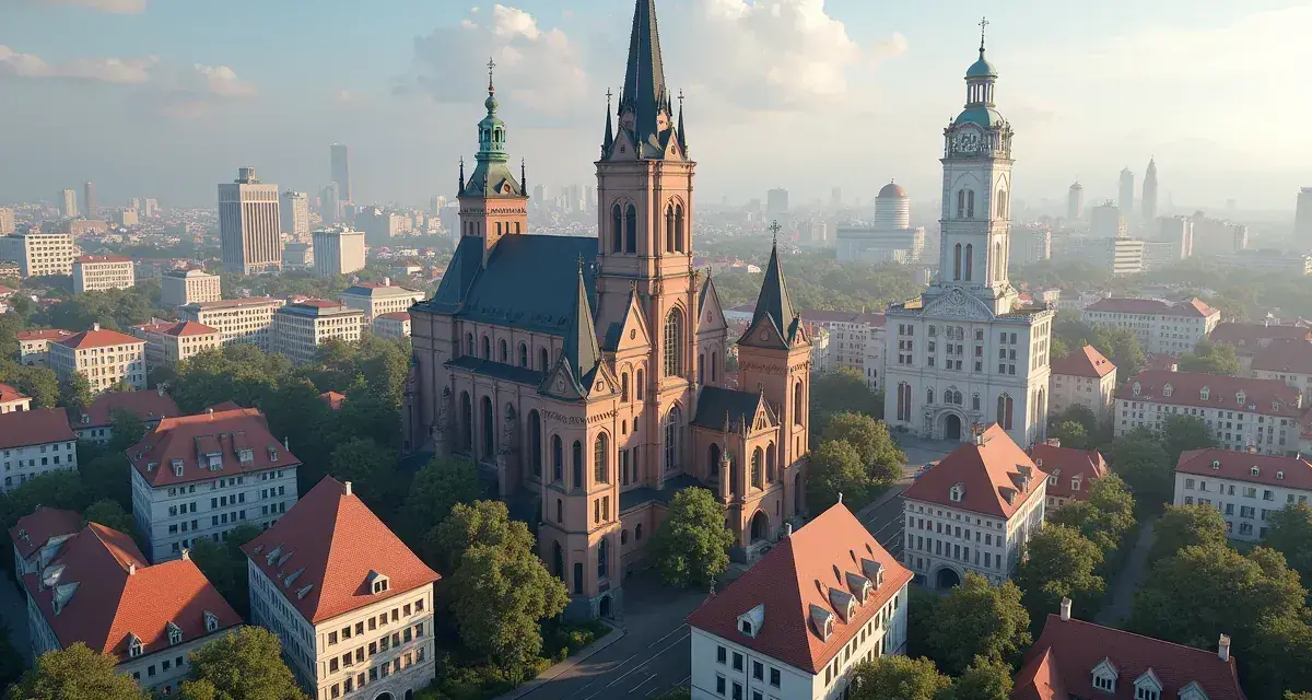 Imponująca katedra i wieża ratuszowa, otoczone kamienicami z czerwonymi dachami, tworzą malowniczy obraz polskiej architektury.