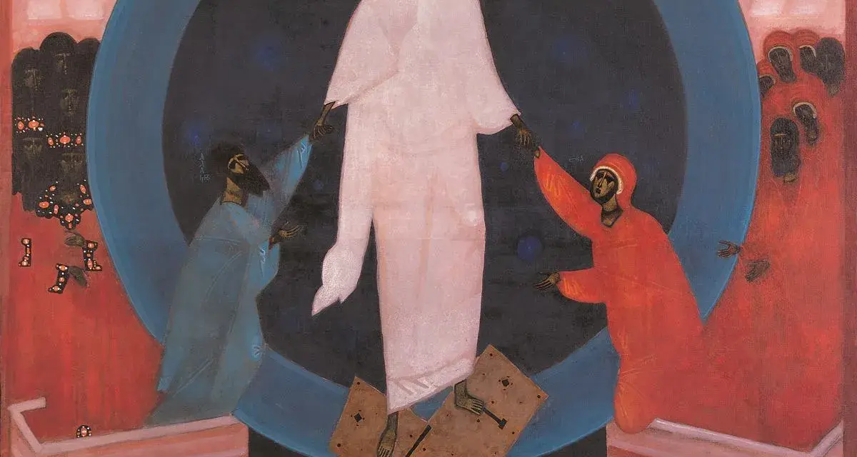 Jerzy Nowosielski najsłynniejsze dzieła: Chrystus w bieli, otoczony przez postaci w niebieskich i czerwonych szatach, na tle kosmicznego kręgu.