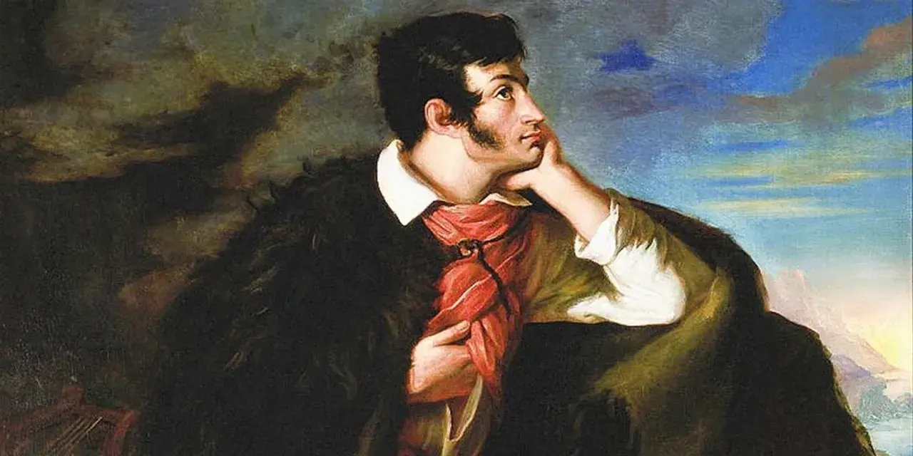 Portret młodego mężczyzny w czarnej, futrzanej narzucie i czerwonej chuście, symbolizujący romantyzm w Polsce.