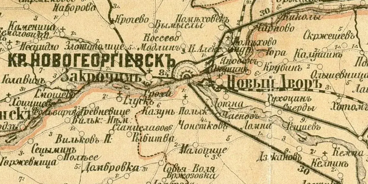 Mapa zaginione obrazy baza: Kr. Nowogeorgiewsk i Nowy Dwór. Widać nazwy miejscowości i rzeki.