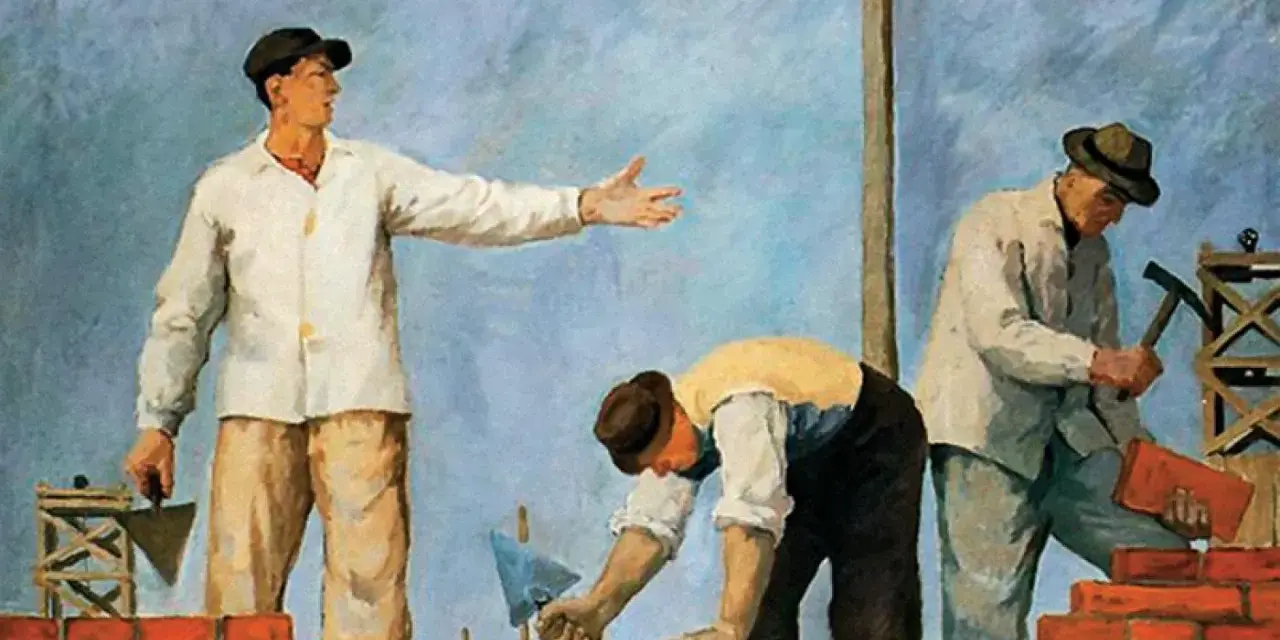Budowa przyszłości w stylu socrealizmu w Polsce. Murarze pracują z zapałem, wznosząc mury.
