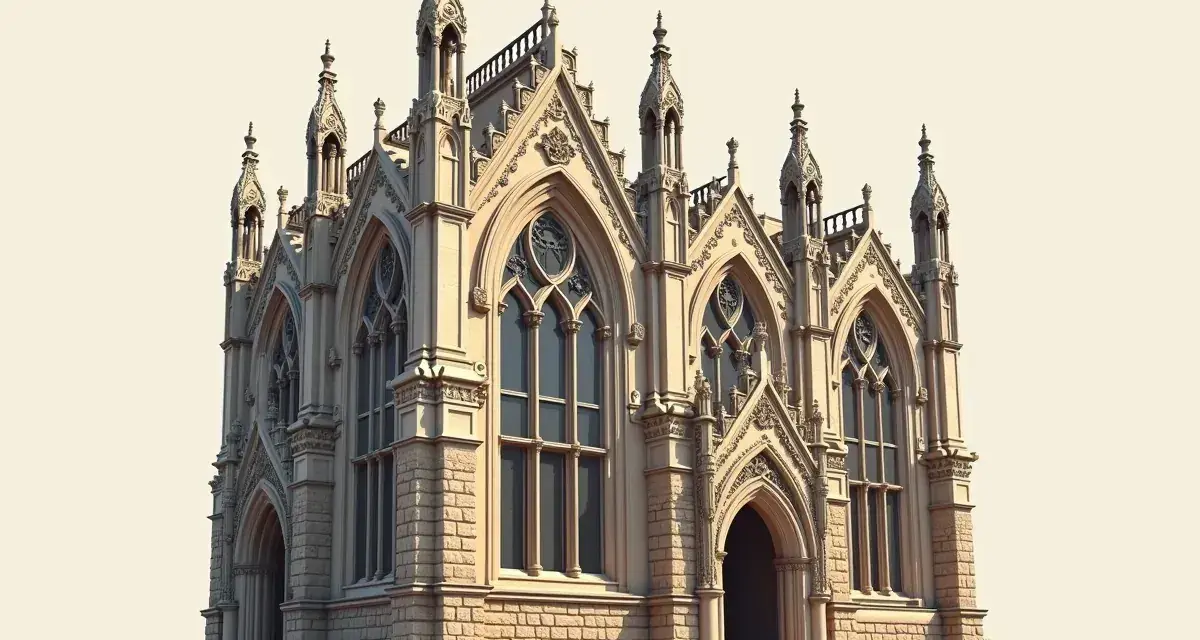 Kamienna budowla z licznymi wieżyczkami i ostrołukowymi oknami, uosabiająca romantyzm architektura.