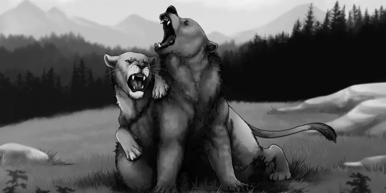 Dwa mityczne stworzenia, lew i niedźwiedź (ursus), walczą na tle gór.