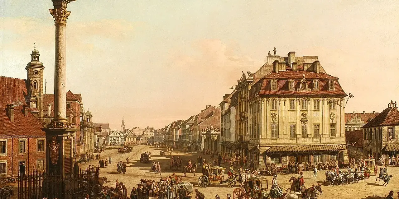 Widok Warszawy z kolumną Zygmunta, dzieło Bernardo zwanego Canaletto. Tętniący życiem plac z karocami i ludźmi.