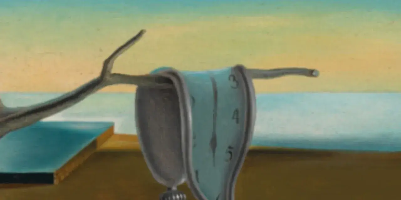 Surrealistyczne malarstwo pejzażowe: miękkie zegary topią się na gałęzi, symbolizując upływ czasu w pustynnym krajobrazie.