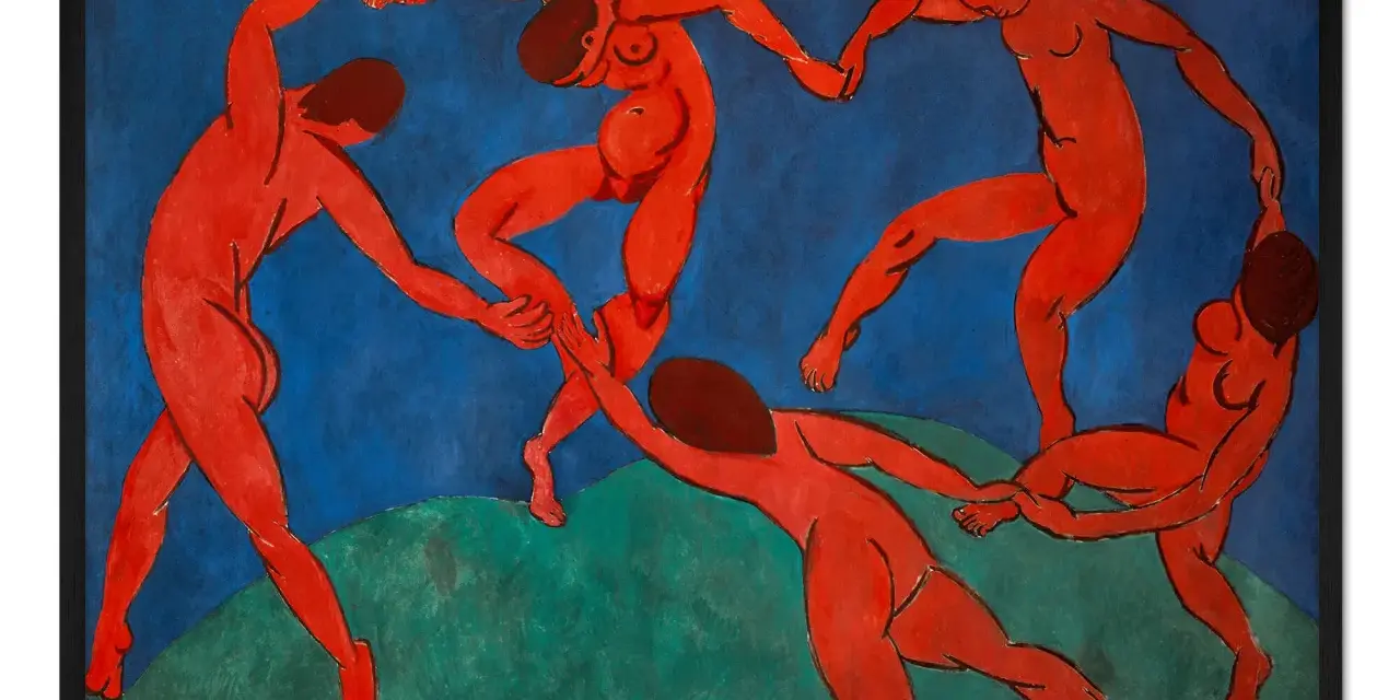 Henri Matisse Taniec: Pięć czerwonych postaci w dynamicznym kręgu, trzymających się za ręce na tle błękitnego nieba i zielonej ziemi.