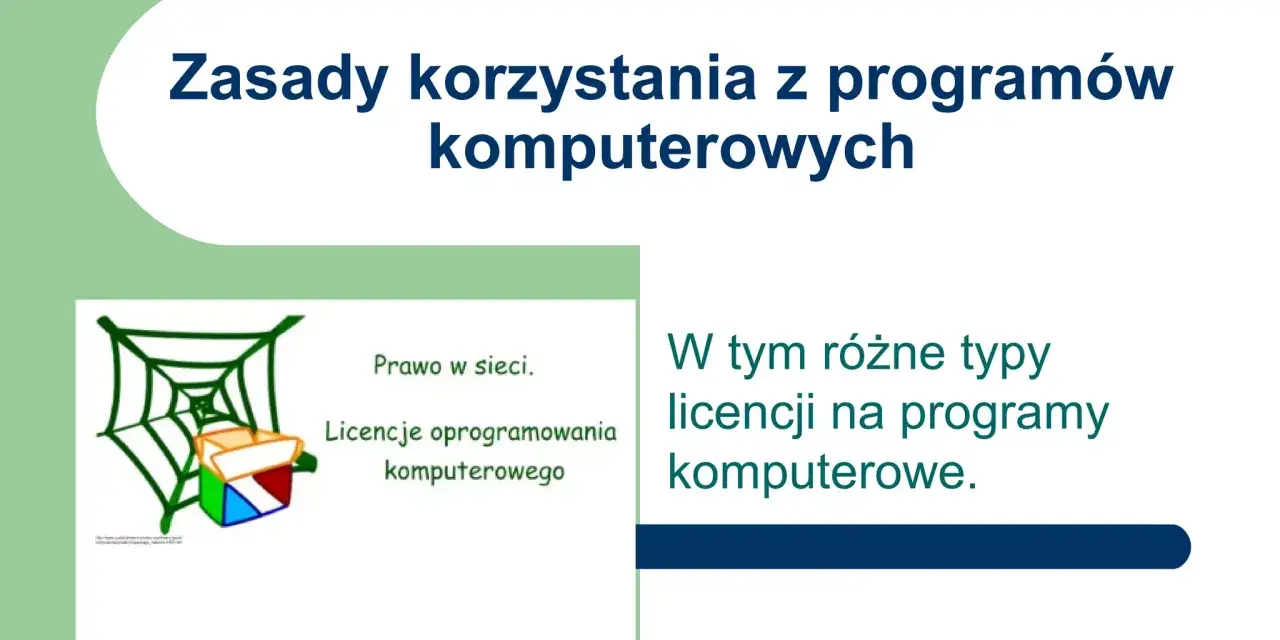 Grafika przedstawia zasady korzystania z programów komputerowych, w tym prawo w sieci i różne typy licencji.