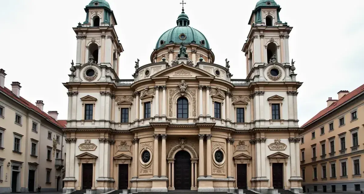 Monumentalna fasada kościoła, przykład barok w architekturze, z kopułą i dwiema wieżami.