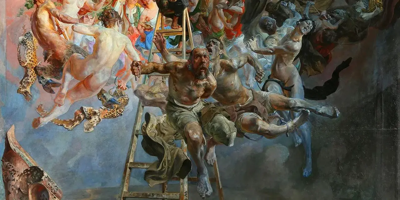 Jacek Malczewski najsłynniejsze obrazy: dramatyczna scena z drabiny, gdzie postacie walczą, uciekają i wznoszą się ku górze, symbolizując ludzkie dążenia.