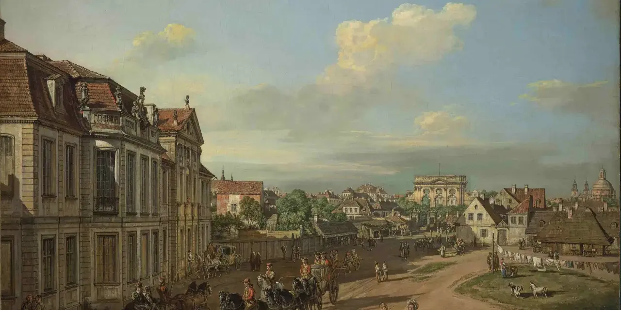 Obraz Canaletto Warszawa: ruchliwa ulica z powozami, ludźmi i zwierzętami na tle zabytkowej architektury.