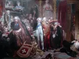 Obraz Matejki: poseł w białym stroju, obok mężczyzna w czerwonym, wskazujący palcem. W tle tłum postaci i portret kobiety.