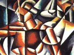 Abstrakcyjna kompozycja z geometrycznymi formami, inspirowana sztuką dwudziestolecia międzywojennego. Dynamika kształtów i kolorów tworzy wrażenie ruchu.