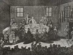 Uczta w sali, symbolizująca kulturę polskiego oświecenia. Ludzie przy stole, muzycy i widzowie tworzą atmosferę epoki.