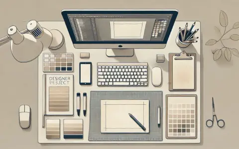 Biurko grafika: monitor, klawiatura, myszki, tablet graficzny, próbki kolorów, lampka. Idealne miejsce do pracy nad wzornictwem.