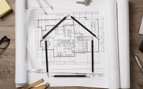 Architekt tworzy dom z ołówków na planach. Obok klucze i cyrkiel.