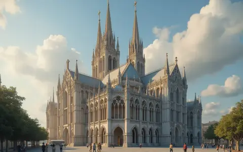 Majestatyczna katedra w stylu historyzm, z licznymi wieżyczkami i łukami, na tle błękitnego nieba z chmurami.