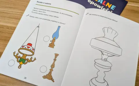 Książka z zadaniami dla dzieci, na stronach rysunki świec i lamp naftowych, zachęcające do nauki i zabawy.
