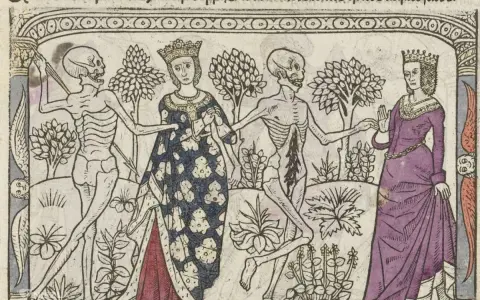 Taniec śmierci (danse macabre) z królową i szkieletem. Królowa w koronie i bogatej sukni tańczy ze szkieletem, który trzyma kosę.
