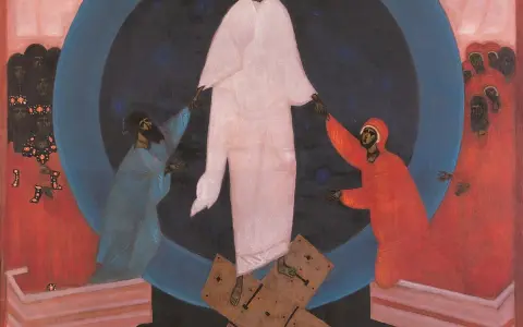 Jerzy Nowosielski najsłynniejsze dzieła: Chrystus w bieli, otoczony przez postaci w niebieskich i czerwonych szatach, na tle kosmicznego kręgu.