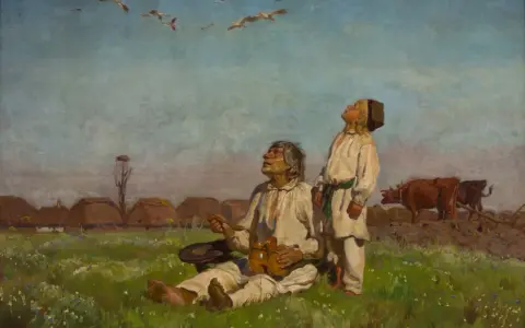 Dwóch mężczyzn w polu, jeden siedzi, drugi stoi, patrzą w niebo na ptaki. W tle wieś i krowy. Obraz w stylu naturalizm.