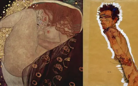 Dwie prace: "Pocałunek" Gustava Klimta, austriackiego malarza, i ekspresyjny portret mężczyzny autorstwa Egona Schiele.
