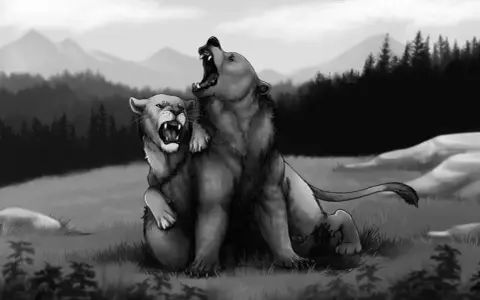 Dwa mityczne stworzenia, lew i niedźwiedź (ursus), walczą na tle gór.