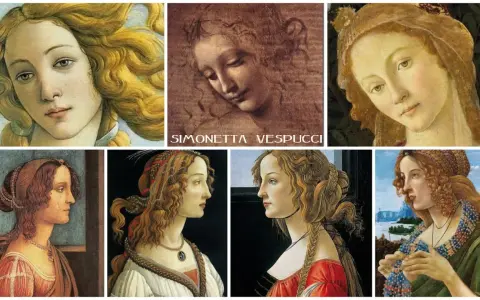 Portrety kobiet z epoki renesansu, być może inspirowane przez Medyceuszy. Widać tu różne ujęcia i stylizacje, z dominującymi blond włosami i delikatnymi rysami twarzy.