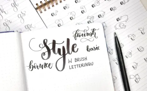 Ćwiczenia kaligraficzne: "Style", "bounce", "flourish", "basic" i litery w różnych wariantach kroju pisma.