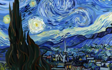 Gwiazda nocna Van Gogha, jeden z jego najsłynniejszych obrazów, ukazuje wirujące niebo nad spokojną wioską.