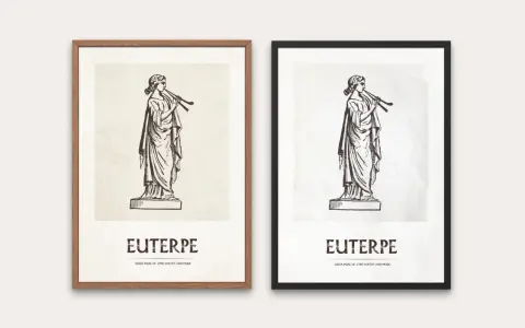 Dwie grafiki z Euterpe, muzą poezji lirycznej i muzyki, grającą na flecie. Jedna w drewnianej, druga w czarnej ramie.