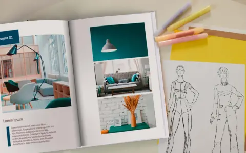 Otwarta księga prezentuje inspiracje do wzornictwa studia: projekt wnętrza i szkice modowe.